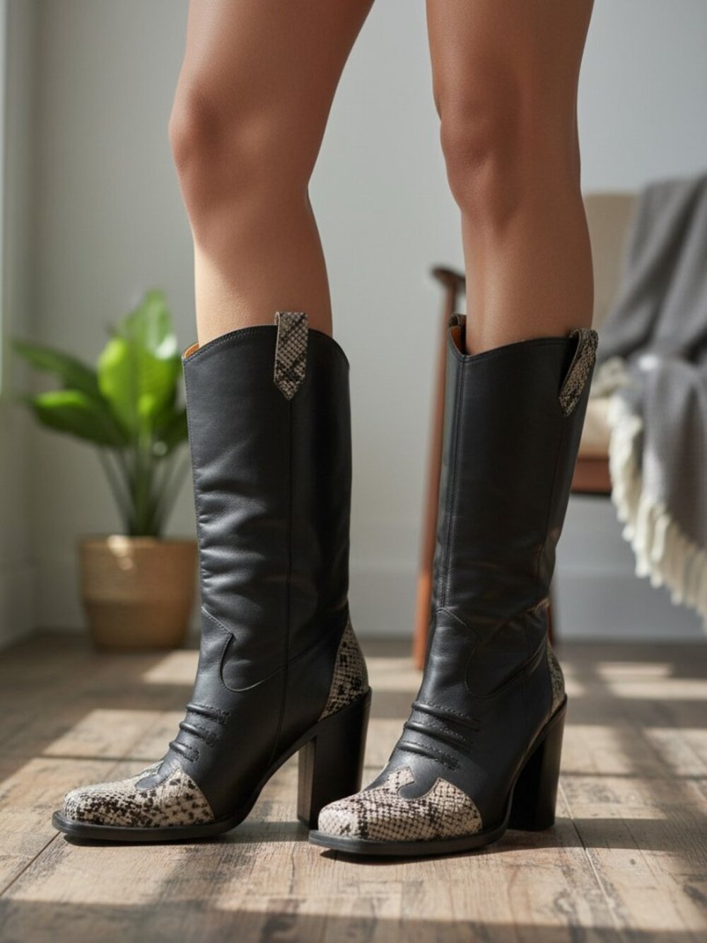 Vintage Women’s Leather Boots Size 7 Snake Skin Western Cowboy Square Toe Black